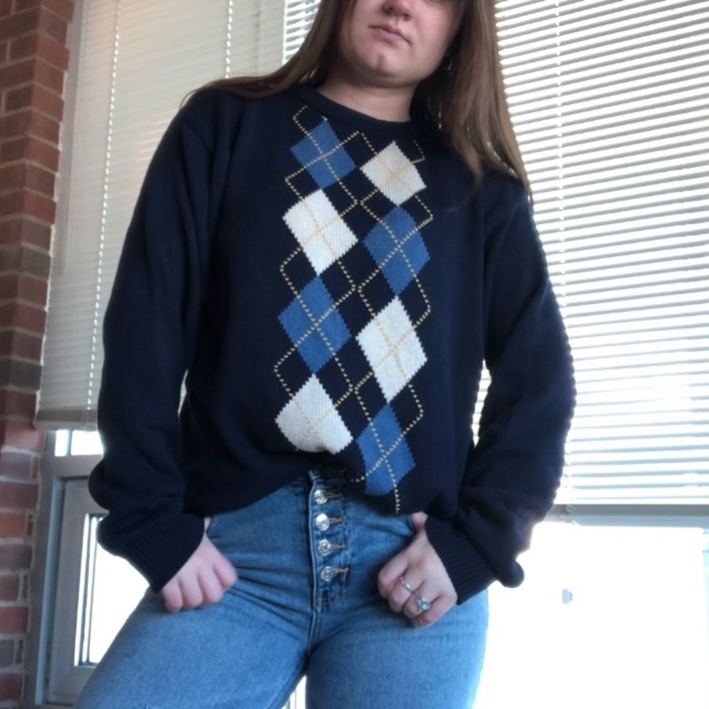 Navy and white argyle pattern sweater